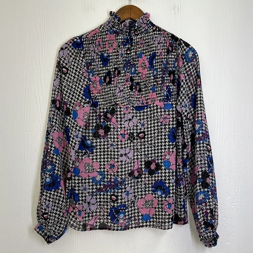 Guess - Colorful Floral Printed Mock Neck Long Sleeve Blouse Size Small